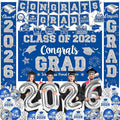 Graduation Decorations Class of 2026, Blue and Silver Graduation Decorations Include Grad Backdrop, Banner, Hanging Swirls, Porch Sign, Balloons for Congrats Grad Party Supplies