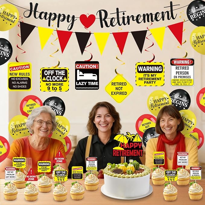 39pcs Funny Retirement Party Decorations for Men Women, Vintage Caution Happy Retirement Banner Balloons Hanging Swirls Pennants Cake Cupcake Toppers Funny Retired Party Supplies for Farewell