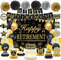 Retirement Party Decorations for Men Women Black Gold Happy Retirement Banner Backdrop Balloons Paper Pompoms Honeycomb Centerpiece Cake Topper Hanging Swirl Set