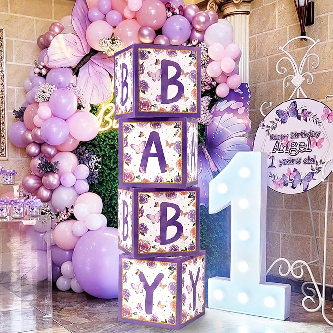 Baby Boxes with Letters for Baby Shower, 4pcs Butterfly Balloon Boxes with Letters for Gender Reveal Birthday Wedding Baby Shower Decorations(Purple)