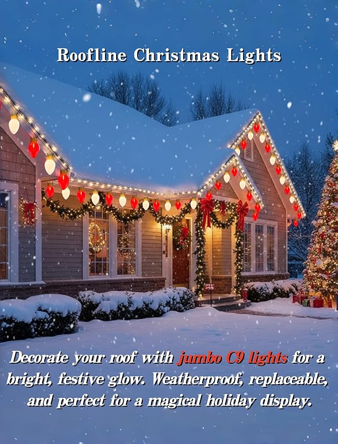 16FT Jumbo Red and White Christmas Lights Outdoor with 10 LED Red and White Bulbs,Jumbo Giant Christmas String Lights for Tree Holiday Home Roof Yard Garden Decorations