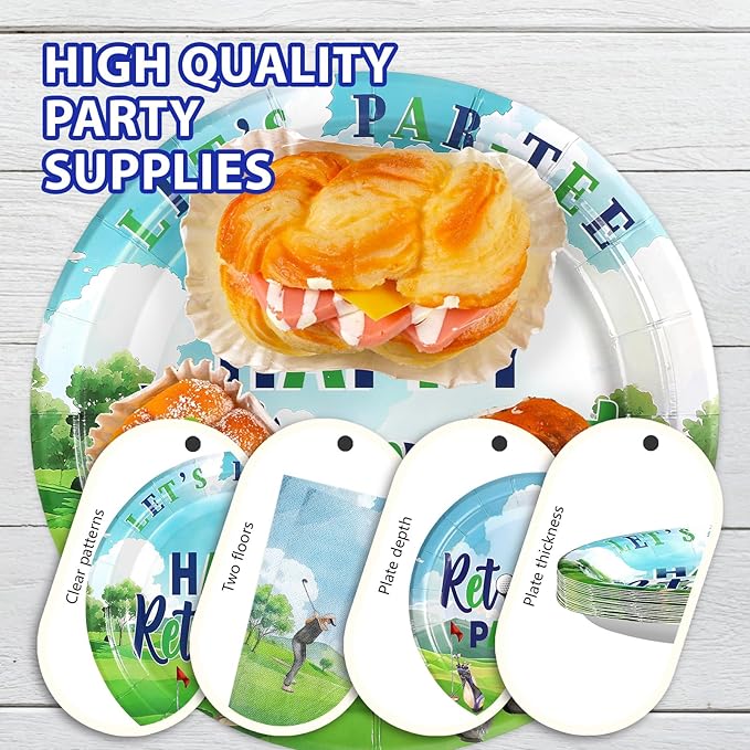 96Pcs Golf Retirement Party Decorations Sport Happy Retirement Plates and Napkins Tableware Set Golf Retire Decorations Favor for Men Golfers Lover Going Away Partee Farewell Party Supplies Serves 24