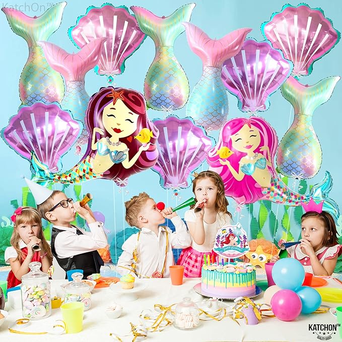 KatchOn, Big, Colorful Mermaid Balloons Set - 38 Inch, Pack of 16 | Mermaid Tail Balloon, Seashell Balloons | Mermaid Foil Balloons for Mermaid Party Decoration | Mermaid Birthday Balloon Decorations
