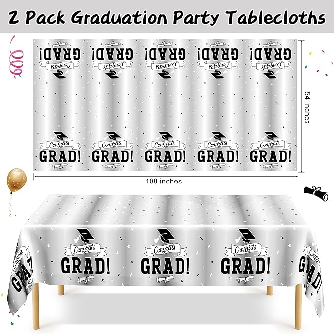 QZYL 2 Pcs 2026 Graduation Table Decorations, 108" X 54" Silver Graduation Table Cloths, Rectangle Tablecloth for Grad Party Supplies, Disposable Plastic Tablecover for Class 2026 Congrats Grad