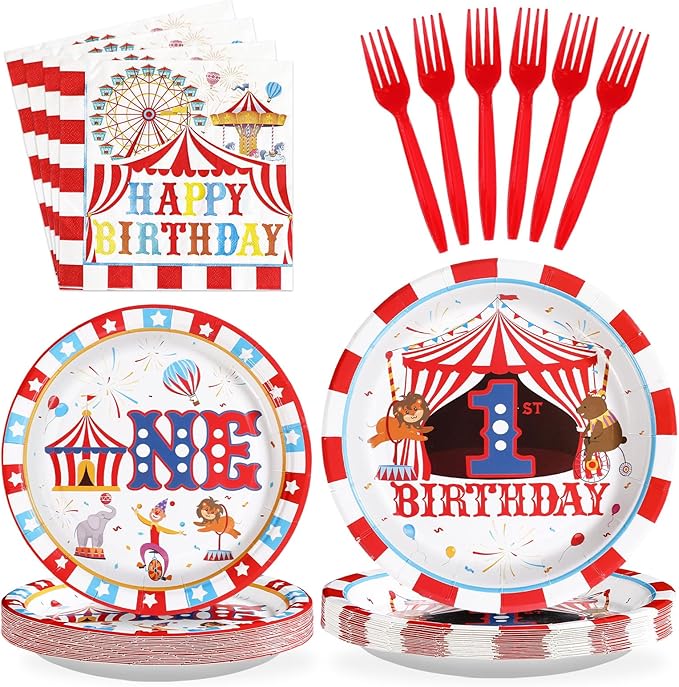 96Pcs Carnival 1st Birthday Party Decorations Carnival Circus First Birthday Plates and Napkins Tableware Sets Circus Theme Decoration Favors for Boys Girls Baby Shower One Year Old Supplies Serves 24