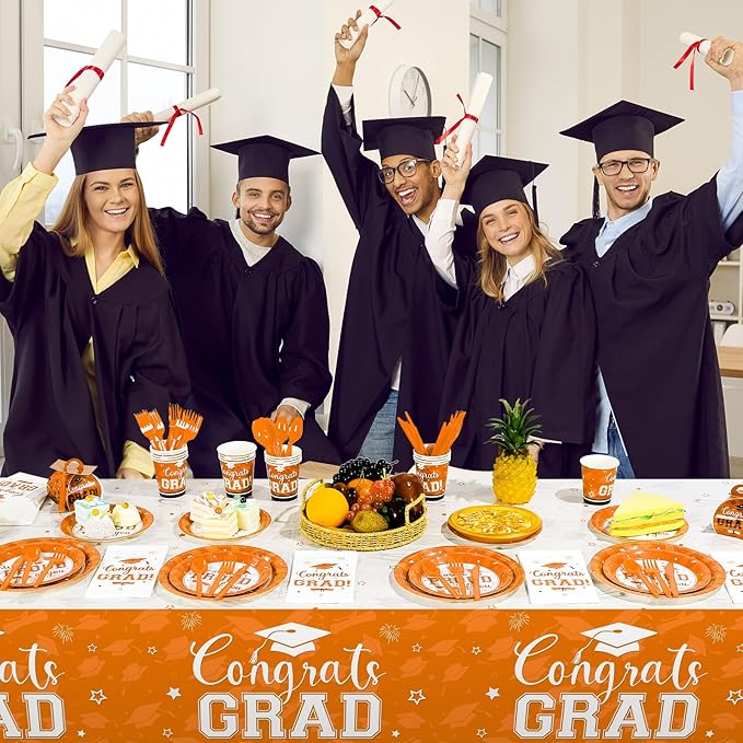 Graduation Party Supplies Congrats Grad Plates and Napkins Set Serve 50,Disposable Tableware Paper Plates Napkins Cups Knives Spoons Forks Straw for Class of 2026 Graduation Party Decorations (Orange)