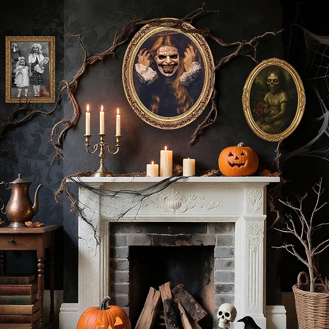 Scary Halloween Party Decoration Indoor Home Wall Decor, 3D Changing Face Moving Picture Portrait Frame, for Horror Spooky Party Supplies Castle Haunted House Decor(Style C, 6 Pieces)