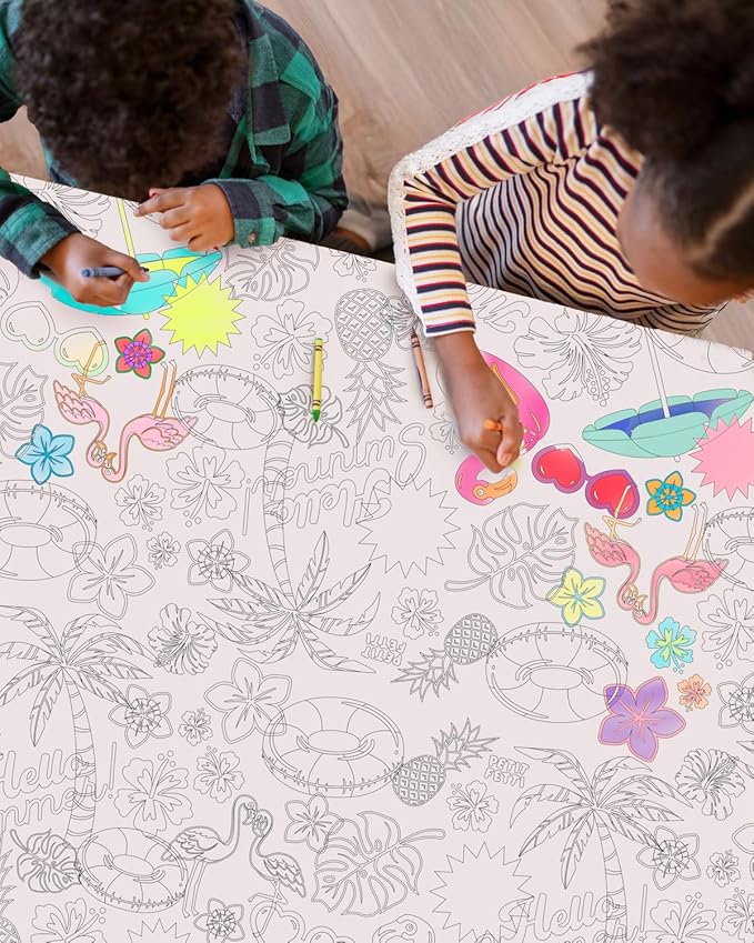 xo, Fetti Pool Party Paper Coloring Tablecloth - 9' x 4.5' | Summer Tablescape, Palm Tree Dinner Party Setting, Kids Birthday Decoration, Cute Tablecover, Beach Table DIY