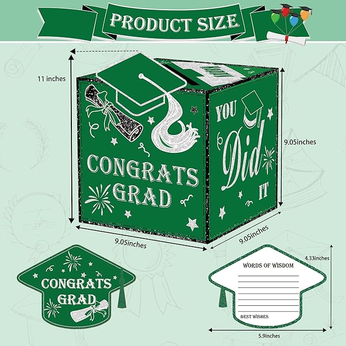 AYGXU graduation card box Holder 2026 with 30pcs graduation cards,Graduation party Decorations,graduation money box,Graduation Party favors Supplies-green box