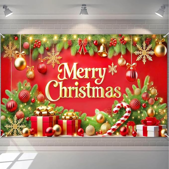 Merry Christmas Backdrop 71x43 Inches Red and Gold Gift Box Scene Banner Holiday Party Photography Background Indoor Outdoor Christmas Decorations for Wall or Door