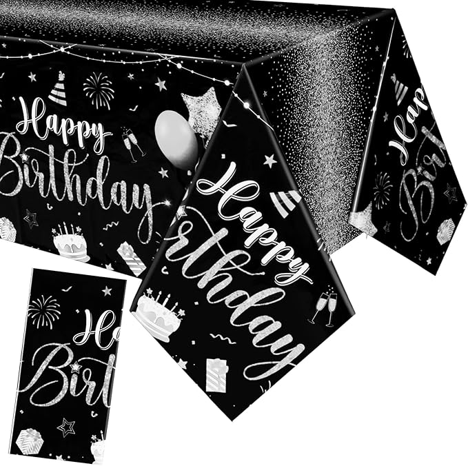 Tudomro 1 Pcs Happy Birthday Tablecloths Happy Birthday Party Decorations Plastic Table Cover Rectangular Cloths for Women Men Baby Shower Party Supplies, 108 x 54 Inch (Black Silver)