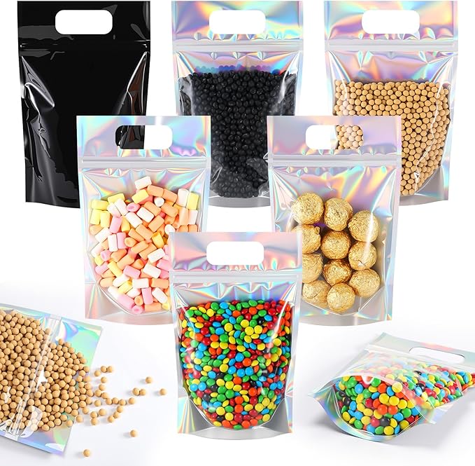 120 Pcs Plastic Gift Bag Bulk 5.5 x 8.7 Inch Resealable Party Goodie Bag with Clear Window Color Favor Pouch with Handle for Home Birthday Wedding Party Candy Gift Wrap Supply (Black)