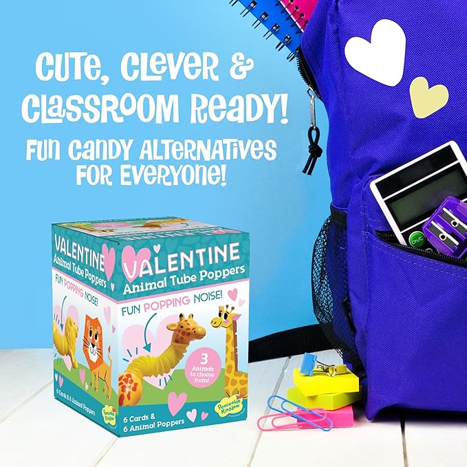 Peaceable Kingdom Valentine's Day Gift for Kids, Fun Party Favors for Classroom, Goodie Bag Stuffers - 6 Animal Tube Poppers