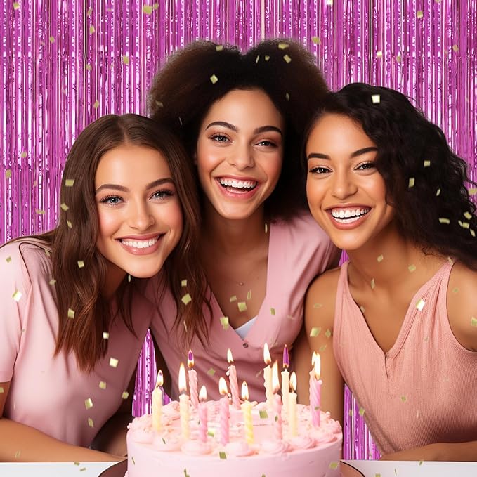 2 Pack Foil Fringe Backdrop - Hot Pink Shiny Tinsel Curtains for Party Decoration/Photo Booth Props - 3.3x6.6 FT Metallic Foil Backdrop for Birthday, Wedding, Graduation, Christmas.