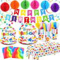 Zhehao Serves 129 Pcs Happy Birthday Party Supplies Set with Plates Napkins Cups Cutlery Rainbow Dot Birthday Decorations Kit Banner Tablecloth Hanging Honeycomb Balls Garland for Birthday Party