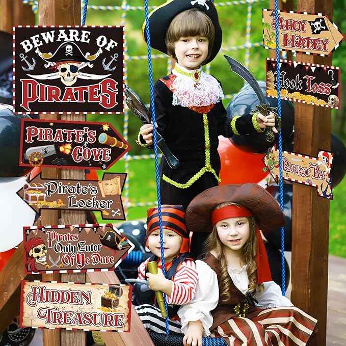 Hooqict 20 Pieces Pirate Party Decorations Sign Beware of Pirates Party Directional Signs Pirate Themed Birthday Party Banner Supplies