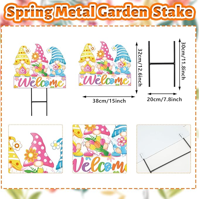 JarThenaAMCS Spring Metal Garden Stakes Colorful Flower Gnome Decorative Lawn Sign Welcome Yard Sign for Home Outside Lawn Porch Walkway Decor