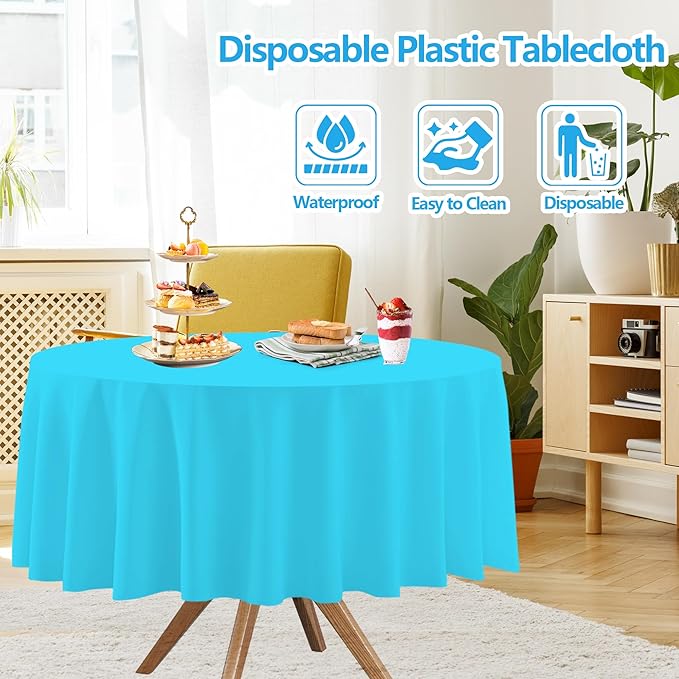 12 Pack Blue Round Disposable Tablecloths, Waterproof Plastic Table Covers for Wedding Birthday Baby Shower Party Decor, 84 Inches