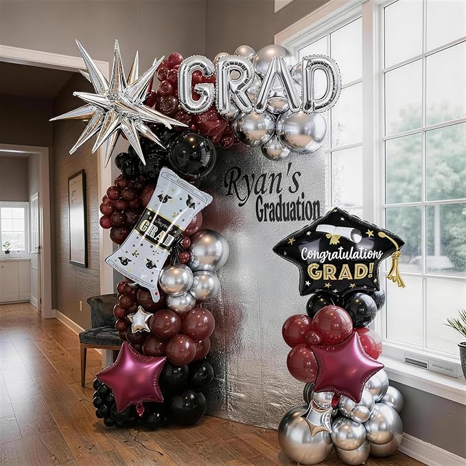 Red Graduation Balloons Garland Arch Kit, 115PCS Red Black Silver Graduation Star Print Cap Certificate Grad Foil Balloon with Silver Explosion Star Balloon for Graduate Class of 2026 Prom Party Decor