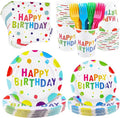 Kochorie 144 Pieces Happy Birthday Print Party Decorations Including Disposable Plates Napkins Cups Forks Tableware Sets Serves 24 for Birthday Party Supplies