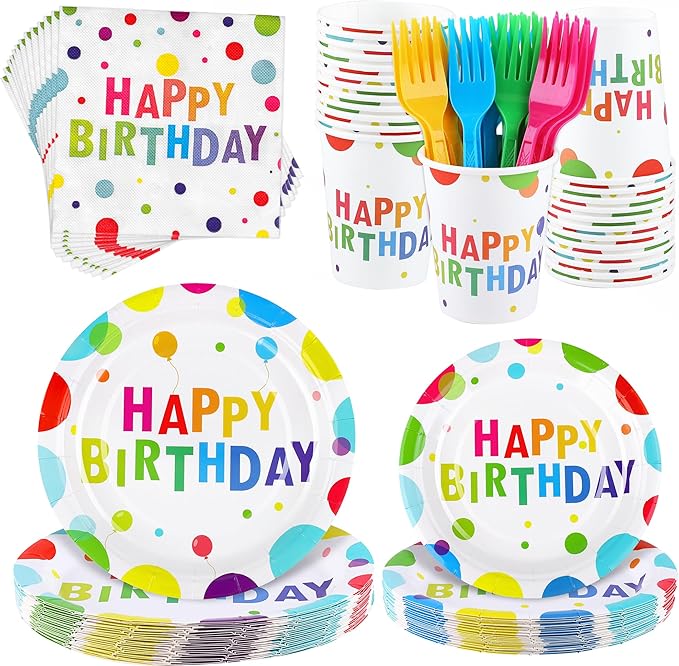 Kochorie 144 Pieces Happy Birthday Print Party Decorations Including Disposable Plates Napkins Cups Forks Tableware Sets Serves 24 for Birthday Party Supplies