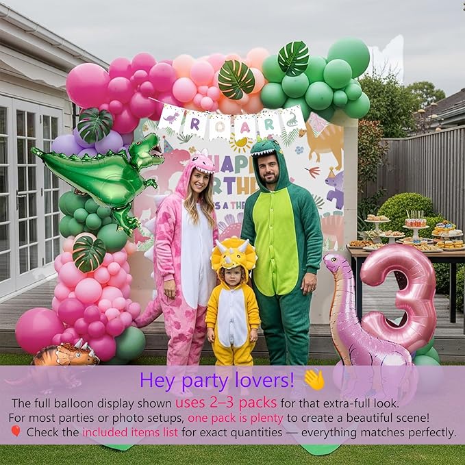 Dinosaur Balloon Garland Arch Kit Pastel Pink green and purple with Number 3 mylar balloon & Banner & backdrop for Girl Dino Baby Shower Dinosaur 3rd Birthday Three Dino Rex Party decorations