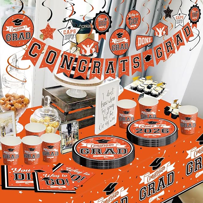 DAZONGE 2026 Orange Graduation Decorations, 265pcs Disposable Graduation Decorations, Class of 2026 Grad Party Supplies for 50 Guests, Tableware Set, Congrats Grad Banner and Hanging Swirls