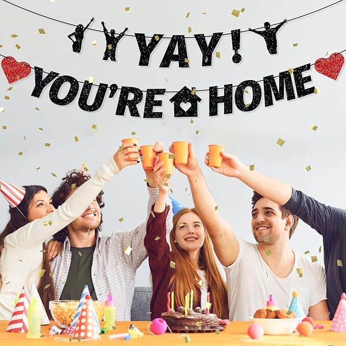 Tellpet Pre-Strung Yay! You’re Home Banner, NO DIY Glitter Welcome Home Decorations for Military Army Returning Homecoming Party, Black