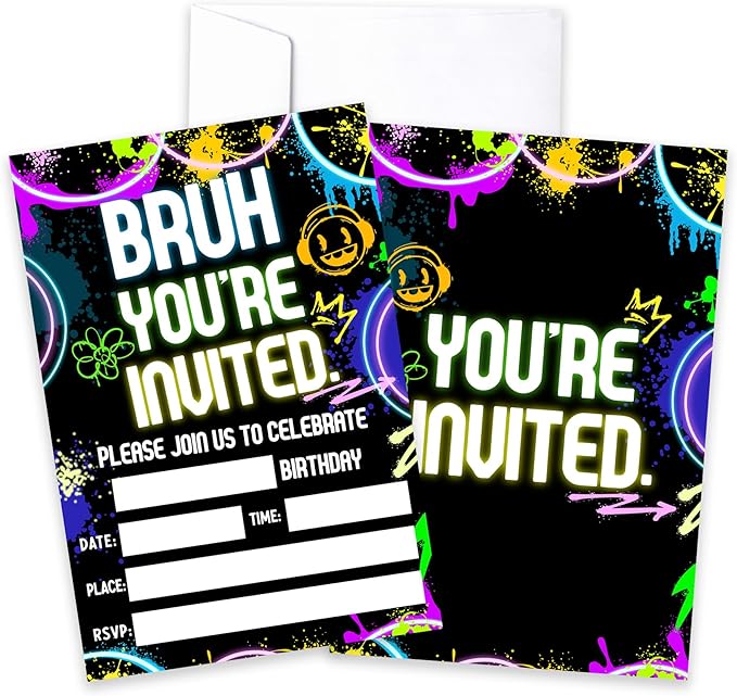 CLIRBE Bruh Birthday Party Invitations, Glow Neon Invited Birthday Invitations For Brother Bro Teen Boys, 20 Invites Cards With 20 Envelopes, Party Supplies Favors -H02