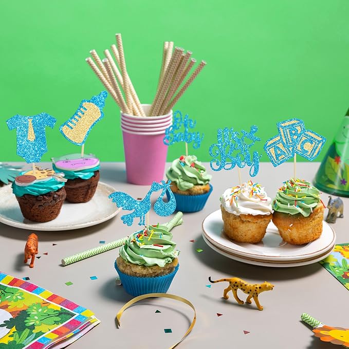 Gyufise 24Pcs Baby Shower Oh Baby Cupcake Toppers It's a Boy Cupcake Picks Glitter Tie Onesie Baby Bottle Cake Picks Decorations for Gender Reveal Baby Shower Boys Birthday Party Supplies Blue
