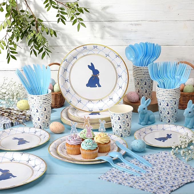 Yungyan 168 Pcs Easter Bunny Tableware Set Birthday Decorations Blue Bunny Bow Disposable Dinnerware Including Paper Plate Cup Napkin Cutlery Baby Shower Party Rabbit Plates for Table Supply Serves 24