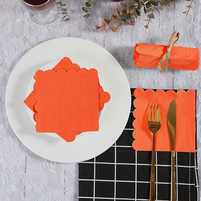 100 Pack Cocktail Napkin 2-Ply Scalloped Edged Dessert Napkins Folded 5 x 5 Inches Disposable Napkins for Dinner Wedding Birthday Party Bridal Anniversary Reception Event (Orange)
