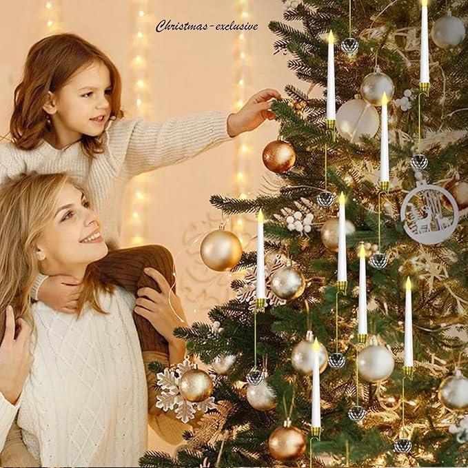 Flameless Christmas Tree Hanging Candles with Remote,12 Pcs LED Taper Candles,Flickering Battery Operated Taper Candle with 12 Crystal Ball Hooks for Christmas Decorations Best Gift(White)