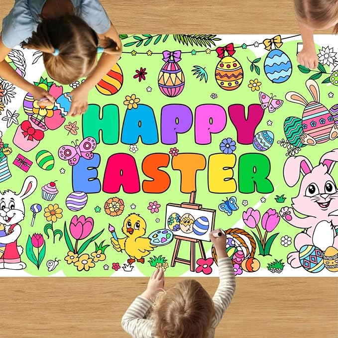 Easter Giant Coloring Poster/Tablecloth, Crafts for Kids, 30 x 72 Inches Jumbo Coloring Banner, Versatile Paper Table Cover for Easter Party Favors, Wall Decoration