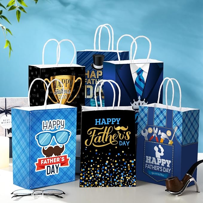 Sinload 48 Pcs Happy Father's Day Party Gift Bags Paper Bags with Handles Dad Treat Goodie Present Boxes Blue Black Party Supplies for Dads Men Anniversary Birthday Decor