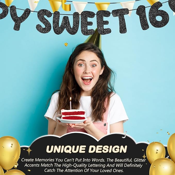 Fulmoon Pre Strung Happy Sweet 16 Banner Glitter Sixteenth Birthday Party Decorations 16th Party Sign Sweet 16 Party Decorations for Birthday Party Bachelorette Party(Black)