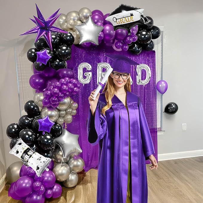 Black dark purple and Silver Balloon Garland Arch Kit 130Pcs with dark purple and Silver Stars, Graduation Certificate Graduation Cap GRAD Letters Mylar Balloons for 2025 kpop Prom Decorations