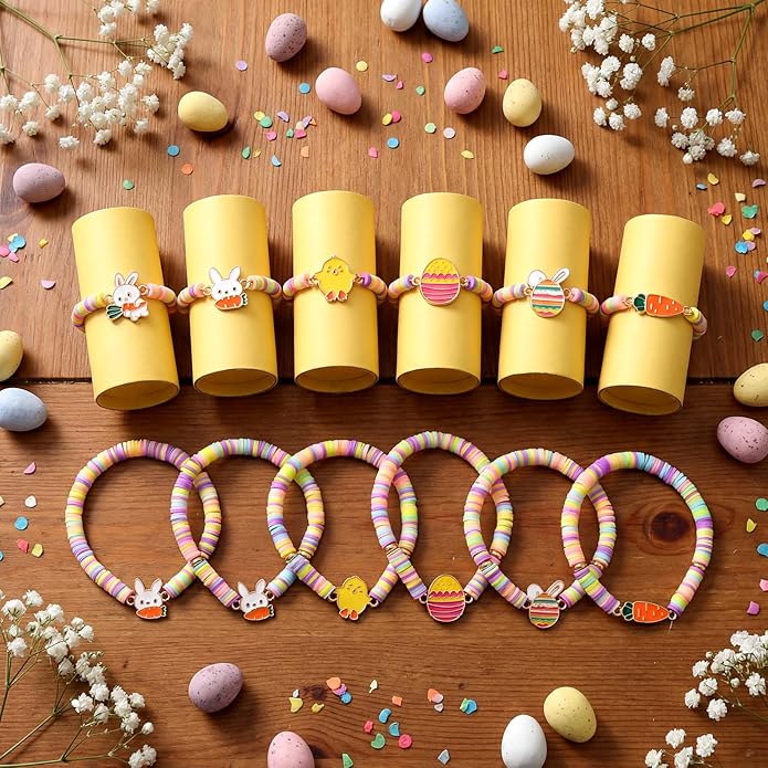 Tondiamo 30 Pcs Easter Party Bracelets Gifts Bulk Easter Bunny Egg Chick Carrot Polymer Clay Beaded Bracelets Bulk for Party Supplies Basket Stuffers Egg Fillers Gifts