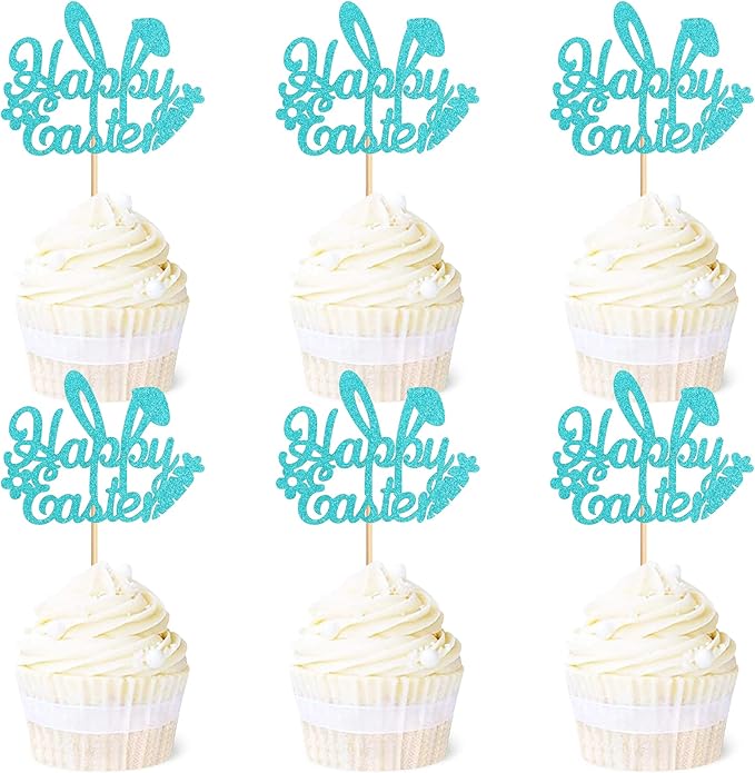 Ercadio 24Pcs Happy Easter Cupcake Toppers Glitter Blue Happy Easter Bunny Ears Cupcake Picks for Easter Day Theme Baby Shower Easter Birthday Party Cupcake Decorations