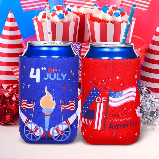 4th of July Decoration Can Cooler Sleeves, 12 Pcs Independence Day Can Party Supplies USA Flag Insulated Collapsible 4th of July Cooler Sleeves for Patriotic Memorial Day (A)