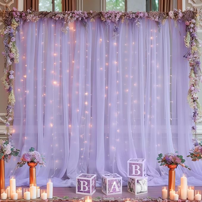 10ft x 10ft Purple Backdrop Curtain with Lights String for Parties, Sheer Tulle Wedding Photo Backdrops Drapes for Purple Birthday Party Decorations Background for Photography