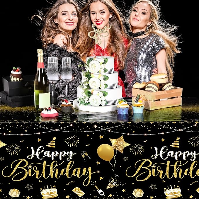 Tudomro 3 Pcs Happy Birthday Tablecloths Happy Birthday Party Decorations Plastic Table Cover Rectangular Cloths for Women Men Baby Shower Party Supplies, 108 x 54 Inch (Black Gold)