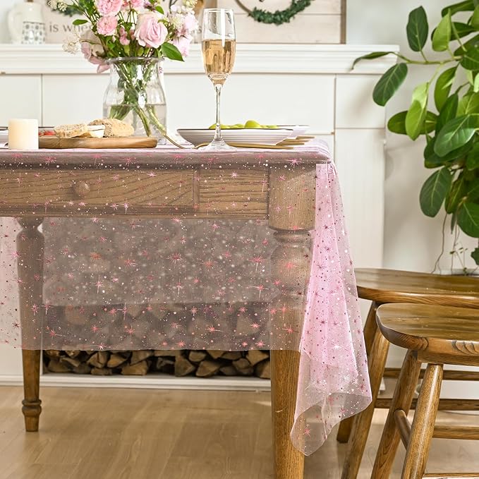 Horaldaily Pink Gold Sparkling Star Gauze Tablecloth 52x70 Inch Rectangular, Pink Star Sequin Glitter Metallic Foil, Sheer Tulle Cheesecloth for Wedding Baby Shower Party