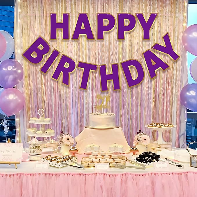 Happy Birthday Banner - 9ft Pre-Strung Happy Birthday Sign for Women, Men, Girls, Boys - No DIY Birthday Decorations & Party Supplies(Purple)