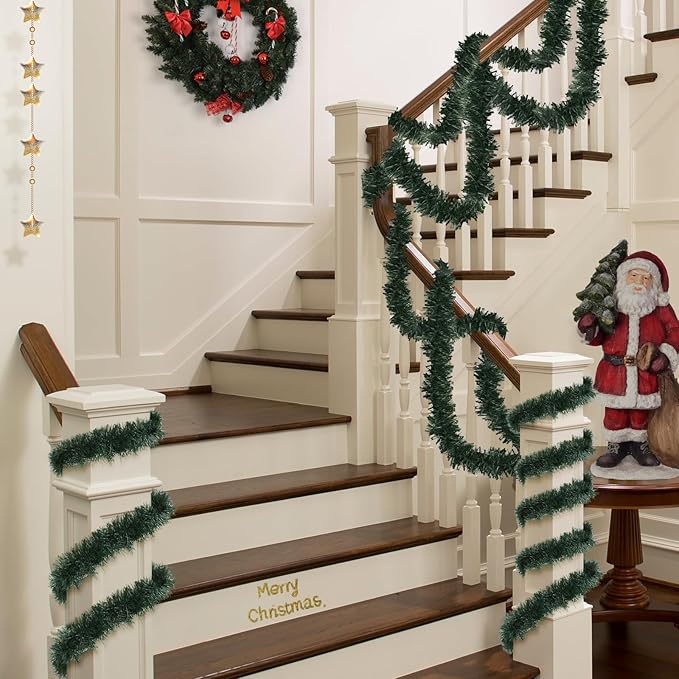 50FT PVC Green Christmas Tinsel Garland Tinsel Twist Greenery Garland for Christmas Tree Decorations, Xmas Tree Decor for Home Indoor Party Supplies