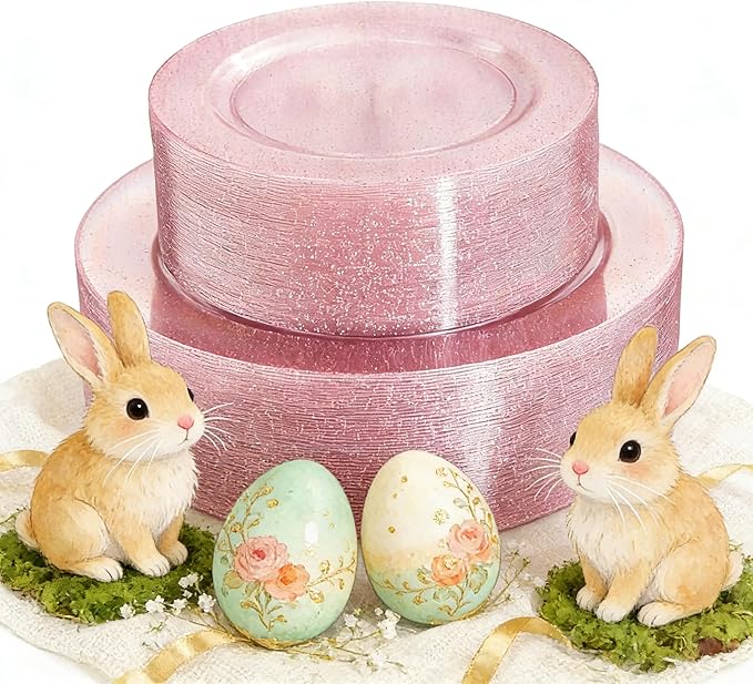 WDF 120pcs Pink Plastic Plates Disposable - Clear Pink Glitter Plates including 60PCS Dinner Plates 10.25inch and 60PCS Salad Plates 7.5inch for Wedding Baby Shower Spring Birthday