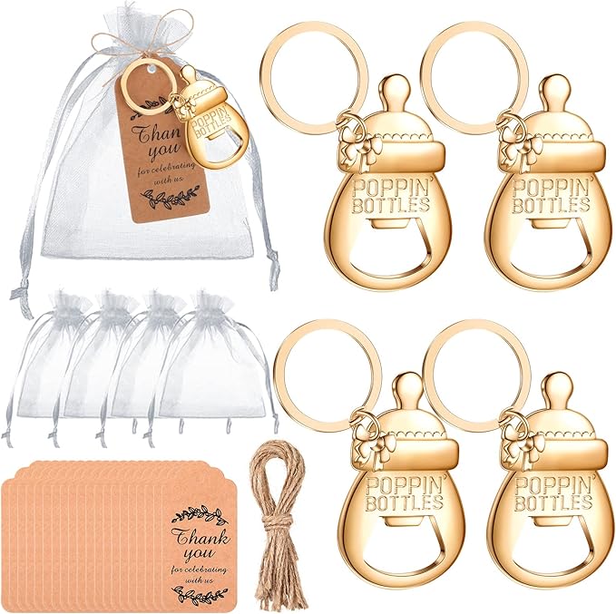CHENGU Popping Bottle Openers Baby Shower Return Favors for Guests Bottle Opener Decorations and Souvenirs with Organza Bags Thank You Tags for Theme Party Favors (Key Chain Style,73 Pieces)