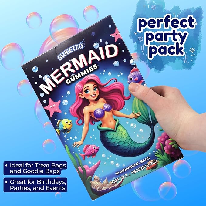 Mermaid Gummy Candy, Individual Bags for Birthday Parties, Assorted Fruit Flavors, Easter Basket Stuffers, 18 Count