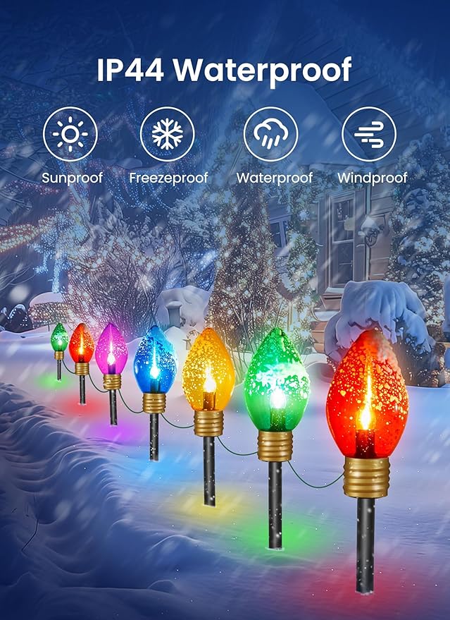Minetom Jumbo Christmas Lights, C9 Outdoor Pathway Marker Stakes Lights, 4 Pack 10.5 Feet 5 LED String Lights Covered Jumbo Multicolored Light Bulb for Holiday Outside Yard Garden Walkway Decor