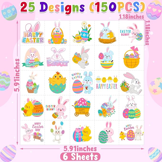 150 PCS Easter Tattoos, 6 Sheets Spring Basket Stuffers Fake Tattoos with Bunny Egg, Cute Individually Stickers for Easter Basket Filler Party Favors Accessories